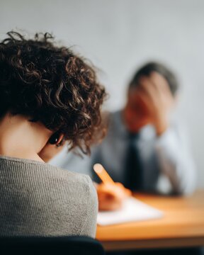 Empathy communication conflict management over shoulder perspective of professional writing note during meeting no faces visible quiet workspace neutral tones soft lighting