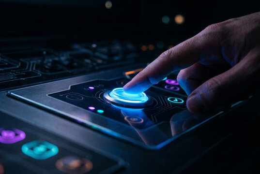 Finger pressing a glowing button, futuristic interface