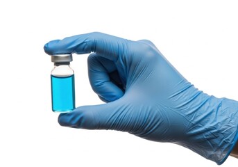 Naklejka premium Gloved hand holding a small vial of blue liquid isolated on white background