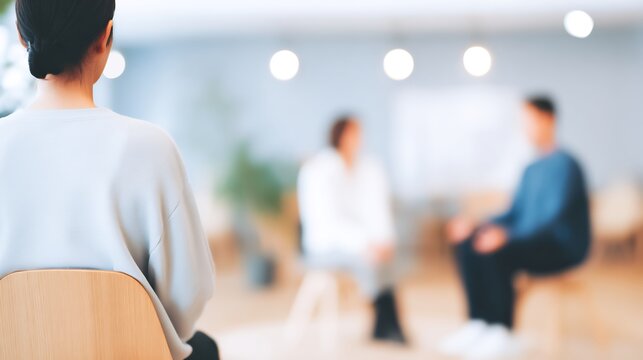 Empathy communication mediation over shoulder view of calm discussion no face visible modern office interior soft lighting neutral palette