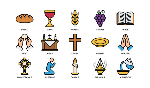 Religious symbols: bread, wine, wheat, grapes, bible, cross, altar, candle, prayer