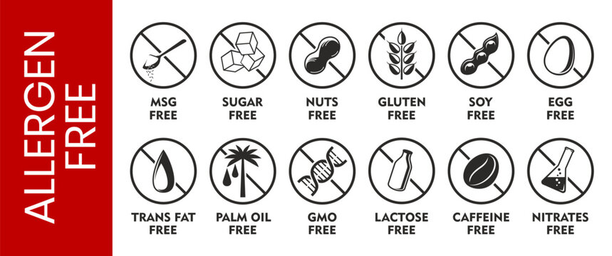 Allergen free icons, no nut and sugar, gluten and egg, lactose free symbols. Vector set of food allergy ingredient prohibition signs. Soy, msg, trans fat and palm oil, gmo, caffeine, nitrate badges