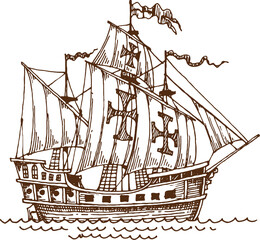 Hand drawn sketch pirate historical sail ship. Pirate sketch sail ship, historical graphic isolated vector brown caravel. Wooden hand drawn galleon vessel or European fleet engraving warship © Seavector