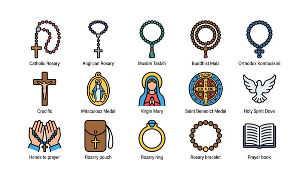 Religious symbols: rosary, crucifix, virgin mary, holy spirit, prayer book