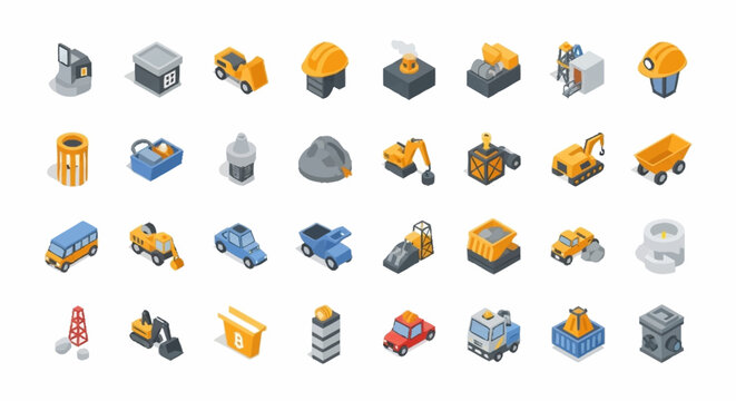Collection of isometric construction and industry icons, representing vehicles, equipment, and buildings.