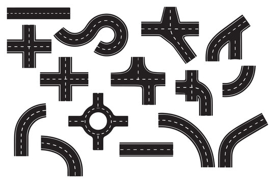 Road segment illustration collection featuring straight, curved, U-turn, T-junction, Y-junction, roundabout, cross intersection vector design set. straight street elements collection, asphalt paths. 