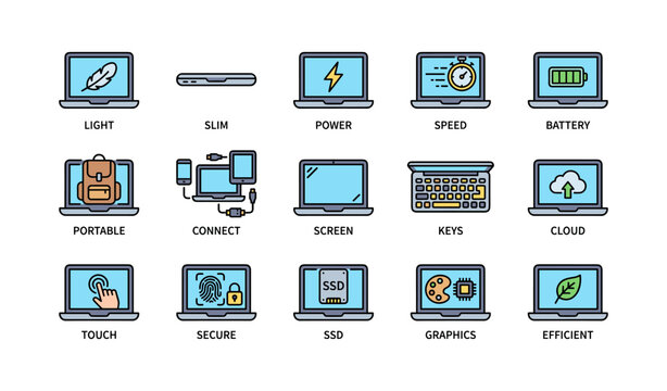 Technology icons: laptops featuring power, speed, battery, and cloud connectivity