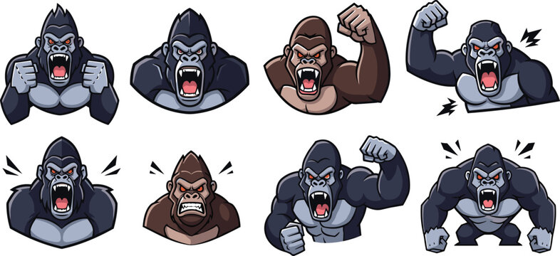 Angry Gorilla Cartoon Emoji Set with Aggressive Expressions, Roaring and Fighting Poses, Primate Character Collection, Powerful Animal Vector Illustration Design.