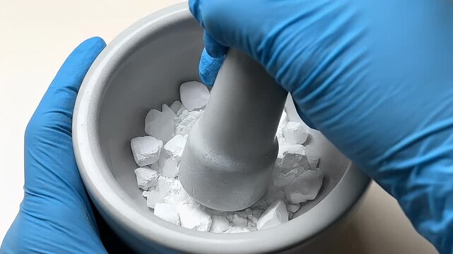 Gloved hand crushing white substance in mortar and pestle