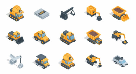 Collection of isometric construction and mining vehicles and equipment, isolated on white background. © Sapi