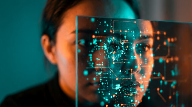A person's face is obscured by a digital interface, representing artificial intelligence and advanced technology