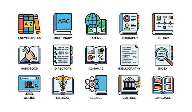 Collection of educational book icons featuring various subjects and themes