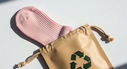 Naklejka premium Pink sock in a recyclable brown bag with green recycle symbol on it