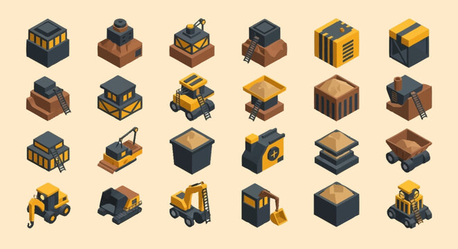 Isometric Construction Icons Set Featuring Buildings, Vehicles, and Materials.
