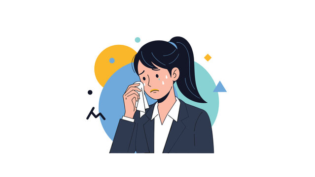 Sad businesswoman in suit crying and wiping tears with a tissue against a colorful geometric background at work.