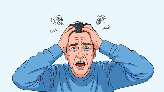 Extremely stressed man in blue sweatshirt clutching his head in panic with sweaty face and chaotic scribbles background.