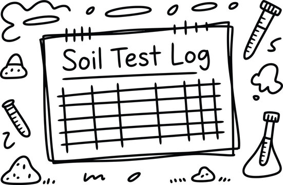 A hand drawn sketch of a soil test log document featuring scientific analysis equipment and samples