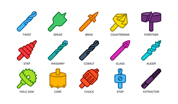 Colorful assortment of drill bits with labels for various applications