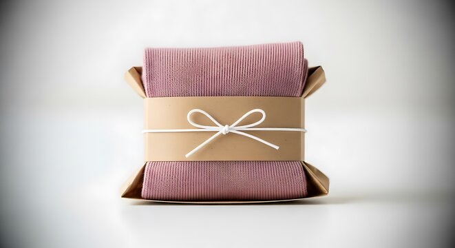 Pink cloth napkins wrapped in brown paper and tied with white string