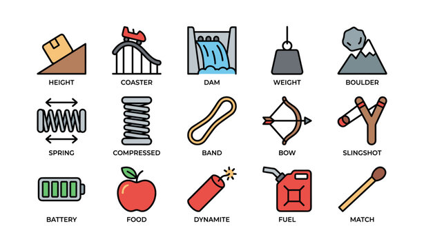 Various physics objects and tools illustrations including coaster and dam