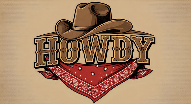 Graphic design featuring a brown cowboy hat over the word howdy and a red western style bandana illustration