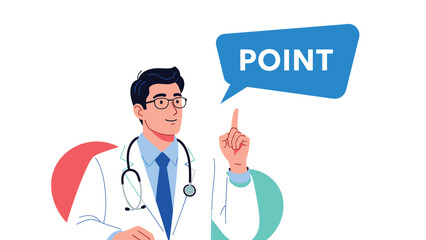 Fototapeta premium Male doctor in a lab coat points his finger up toward a blue speech bubble that contains the text point in white.