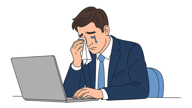 Sad businessman in a suit sits at his laptop and wipes tears from his eyes with a white tissue while crying.