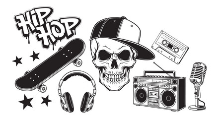 Hip hop culture elements set with skull in cap, skateboard and boombox © injala