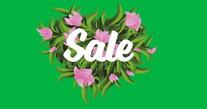 Digital animation of sale text over floral design against black background