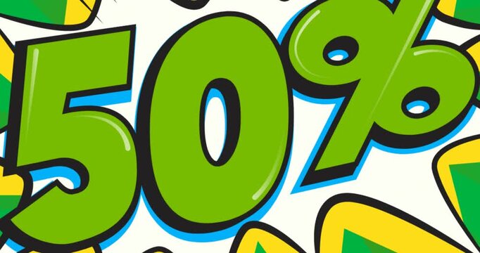 Digital animation of 50 percent text over retro speech bubble against black background