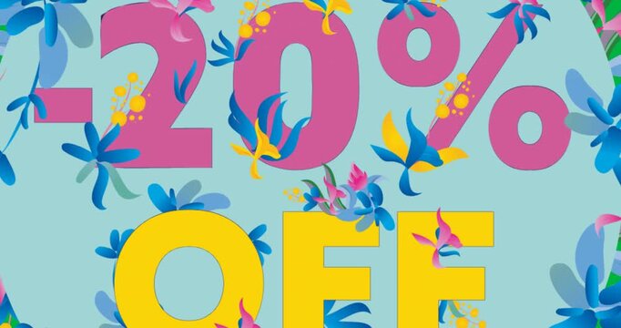 Digital animation of floral designs over 20 percent off text against black background