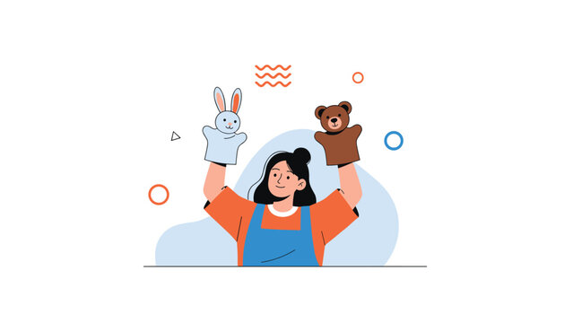 Young woman wearing an orange shirt and blue apron holds up a bunny and a bear hand puppet with a gentle smile.