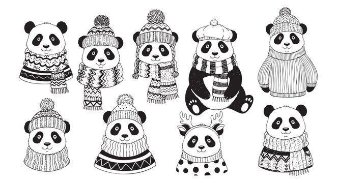 Set of cute hand drawn panda bears in winter clothes isolated on white