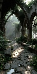 Obraz premium Abandoned stone pathway leads through ancient arches into a serene overgrown garden with lush vegetation and natural light filtering through