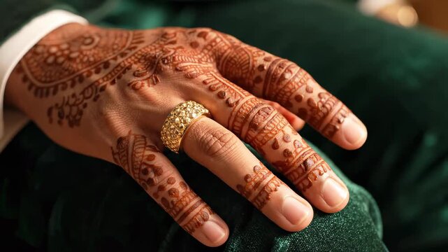 Close-up of a mans hand adorned with intricate henna designs and a gold ring.