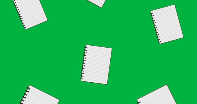 Digital animation of multiple diary book icons falling against black background