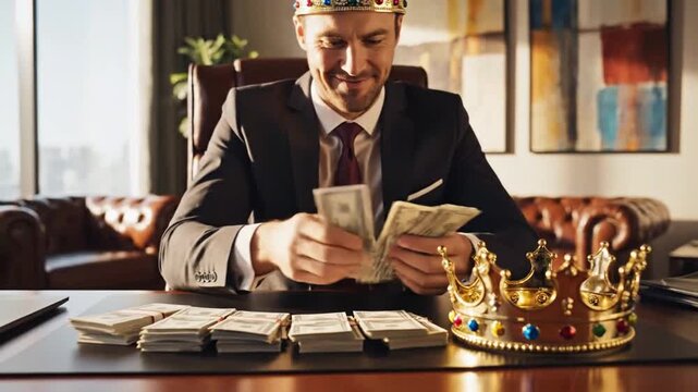 Businessman Wearing a Crown Handling Wealth with Gold Crowns and Cash in a Luxurious Office