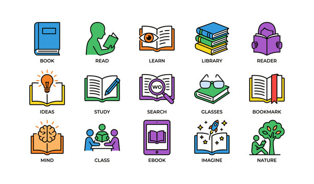 Colorful icons of educational concepts and activities featuring books and learning tools