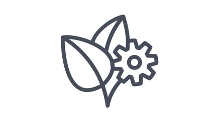 Eco-friendly technology vector icon featuring two leaves and a gear symbol, representing sustainable engineering, green industry, environmental innovation, and clean energy solutions. © Ahsan