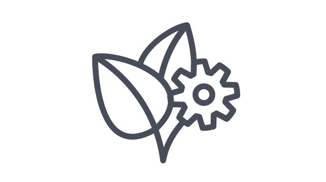 Eco-friendly technology vector icon featuring two leaves and a gear symbol, representing sustainable engineering, green industry, environmental innovation, and clean energy solutions.