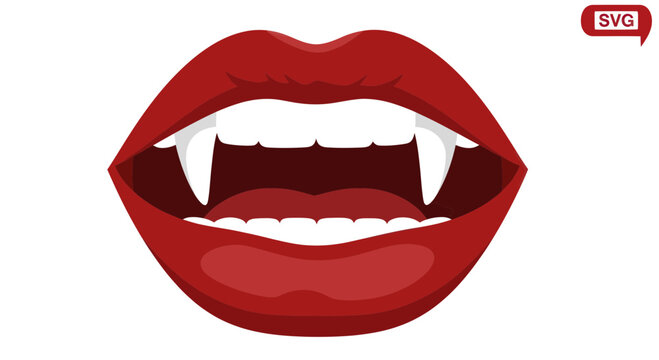 Vampire lips with fangs, red mouth open, Halloween horror concept