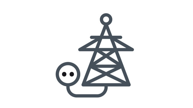 Minimalist black vector icon of a high-voltage transmission tower connected to an electrical plug, representing power supply, energy infrastructure, electricity distribution, and utility services.