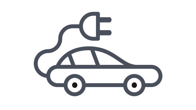 Minimalist electric car vector icon illustration, black line art symbol of an EV vehicle with power plug and cable, sustainable transportation and green energy concept on white background.