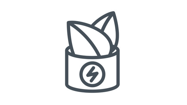 Green energy vector icon illustration featuring a battery or power cell with a lightning bolt symbol and two leaves growing out of it, representing sustainable renewable electricity and ecology.