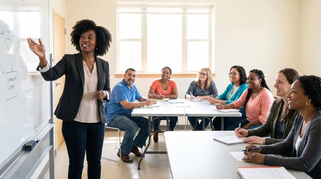 Black female teacher instructing adults in a continuing education classroom.
