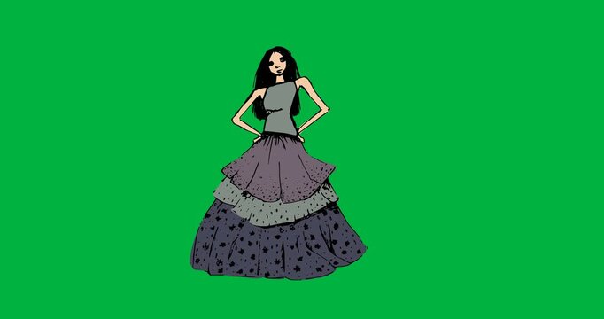 Digital animation of fashion model sketch icon against black background