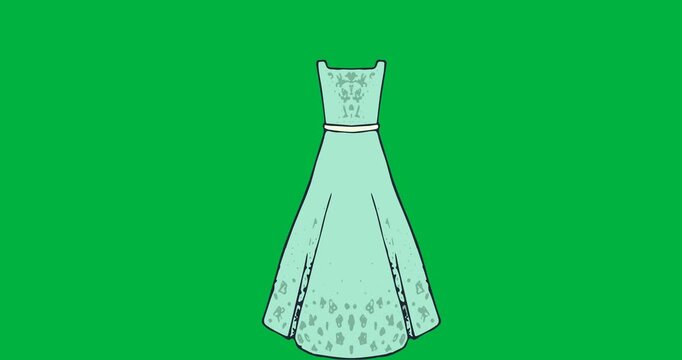 Digital animation of multiple female dress icons floating against black background