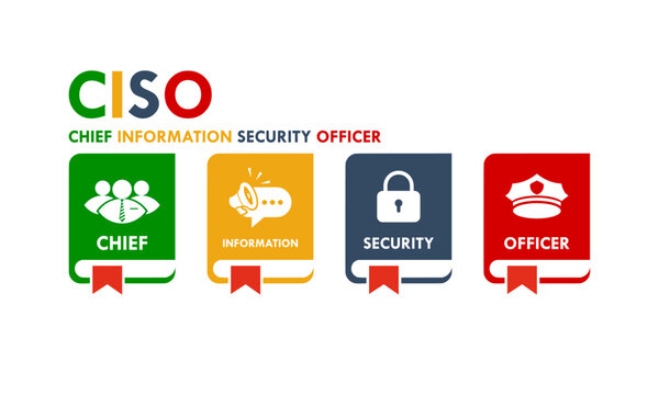 CISO Chief Information Security Officer infographic with icons for leadership, communication, protection, and authority. Professional cyber security management concept for business.