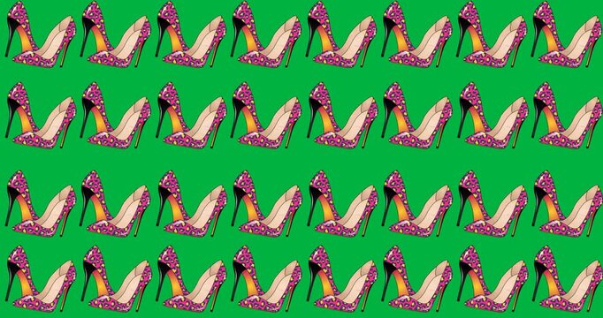 Digital animation of multiple pink female shoes icons in seamless pattern on black background