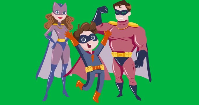 Digital animation of family in superhero costume icon against black background